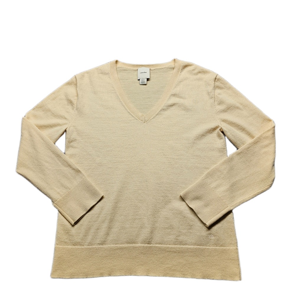 Calvin Klein Sweater Women XS Yellow Wool Tight Knit Long Sleeve V-Neck Pullover